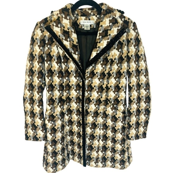 NINE West Vintage Brown Wool Houndstooth Luxury Coat SZ small - Picture 2 of 15